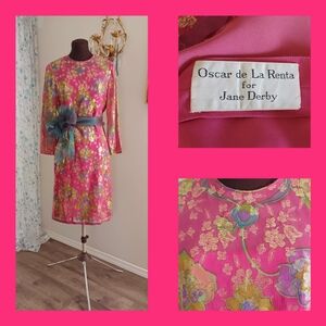 Vintage 60s OSCAR de la RENTA DRESS Jane DERBY Metallic SILK FLORAL